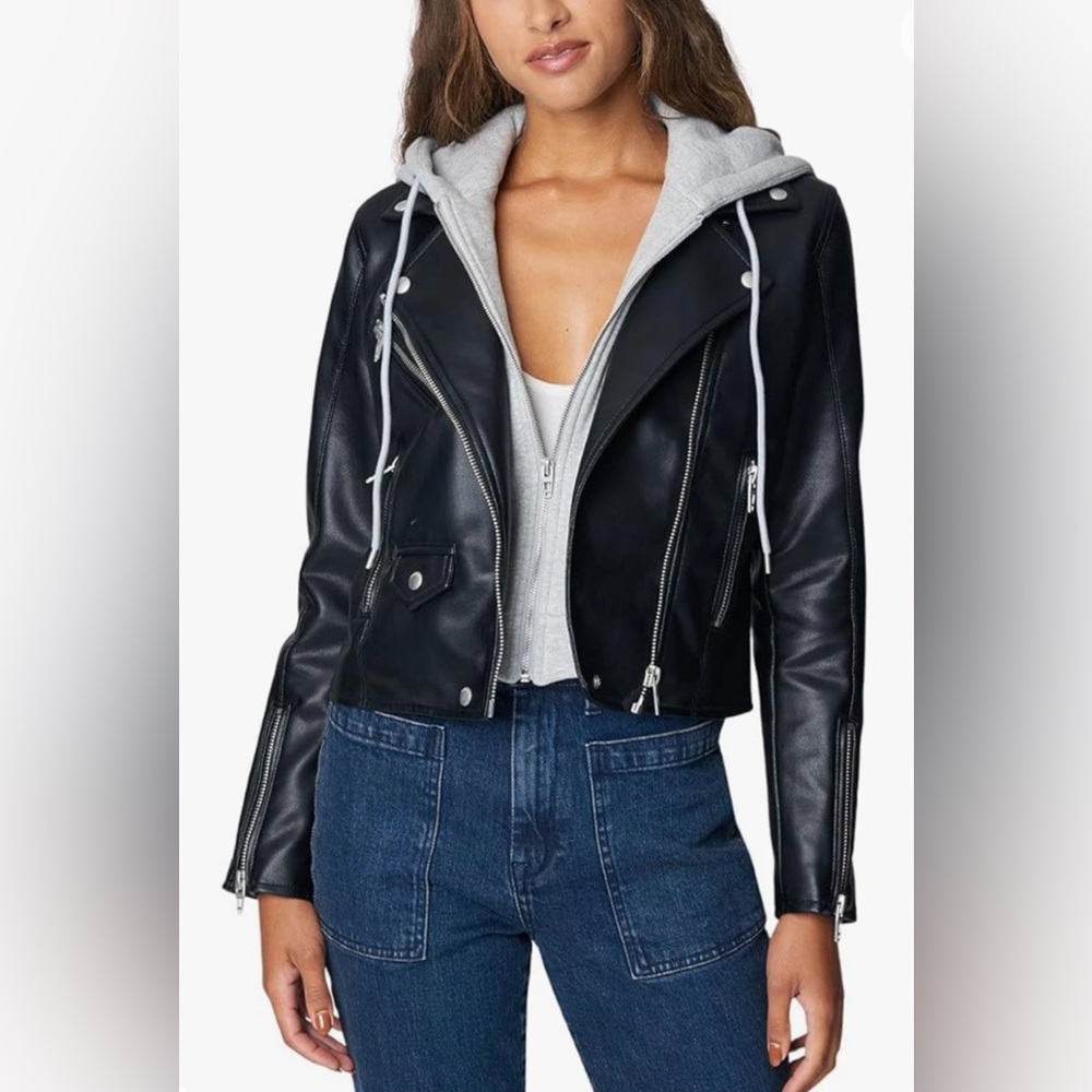 Blank NYC Black Leather Jacket with Gray Hoodie